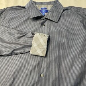 KO EGARA‎ Men's XXL Blue Striped Button Up Shirt Grey Plaid Flip Cuff Cotton